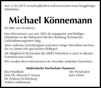 Traueranzeige von Michael Könnemann von Hannoversche Allgemeine Zeitung/Neue Presse