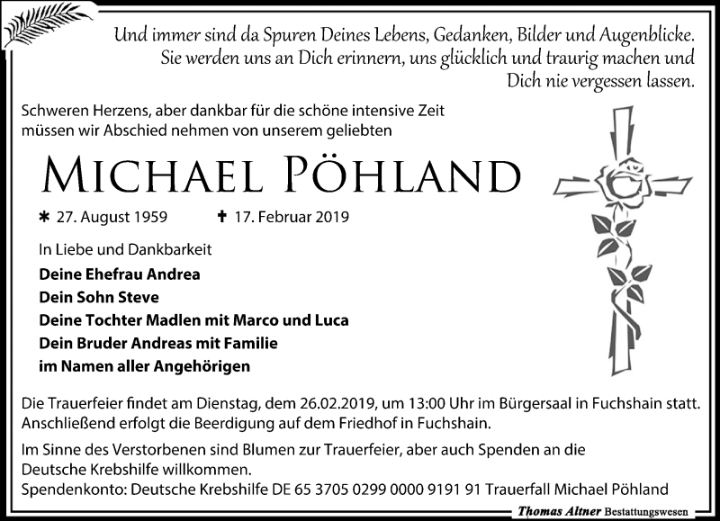  Traueranzeige für Michael Pöhland vom 23.02.2019 aus Leipziger Volkszeitung