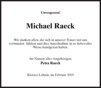 Traueranzeige von Michael Raeck von Märkischen Allgemeine Zeitung