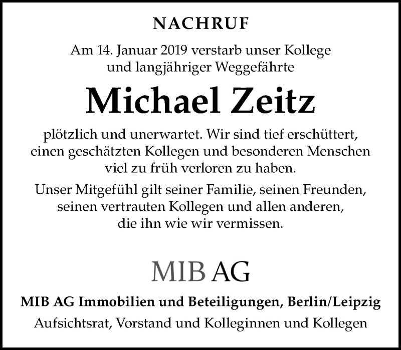  Traueranzeige für Michael Zeitz vom 23.02.2019 aus Leipziger Volkszeitung