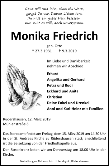 Traueranzeige von Monika Friedrich von Eichsfelder Tageblatt