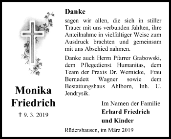 Traueranzeige von Monika Friedrich von Eichsfelder Tageblatt