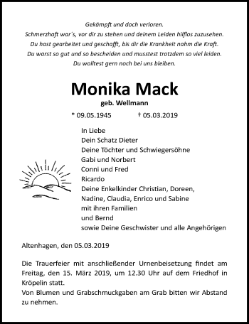 Traueranzeige von Monika Mack von Ostsee-Zeitung GmbH