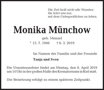Traueranzeige von Monika Münchow von Kieler Nachrichten