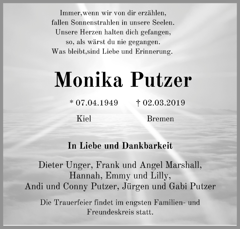  Traueranzeige für Monika Putzer vom 09.03.2019 aus Kieler Nachrichten