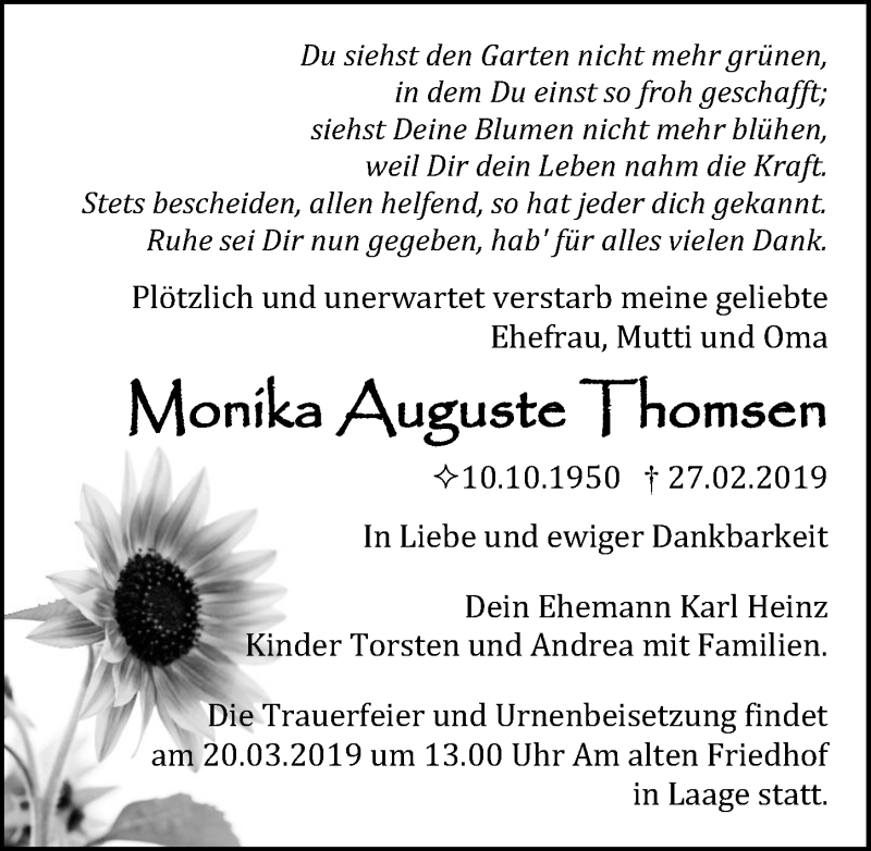  Traueranzeige für Monika Auguste Thomsen vom 09.03.2019 aus Ostsee-Zeitung GmbH