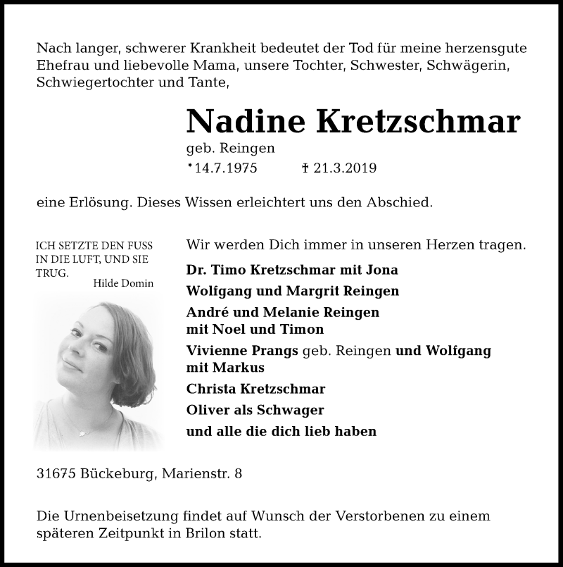  Traueranzeige für Nadine Kretzschmar vom 23.03.2019 aus 