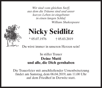 Traueranzeige von Nicky Seidlitz von Märkischen Allgemeine Zeitung