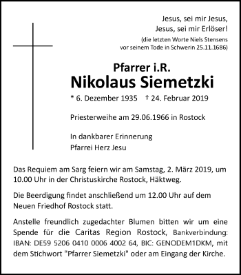 Traueranzeige von Nikolaus Siemetzki von Ostsee-Zeitung GmbH