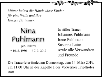 Traueranzeige von Nina Puhlmann von Lübecker Nachrichten