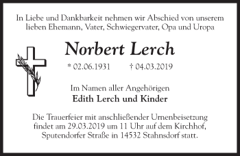 Traueranzeige von Norbert Lerch von Märkischen Allgemeine Zeitung
