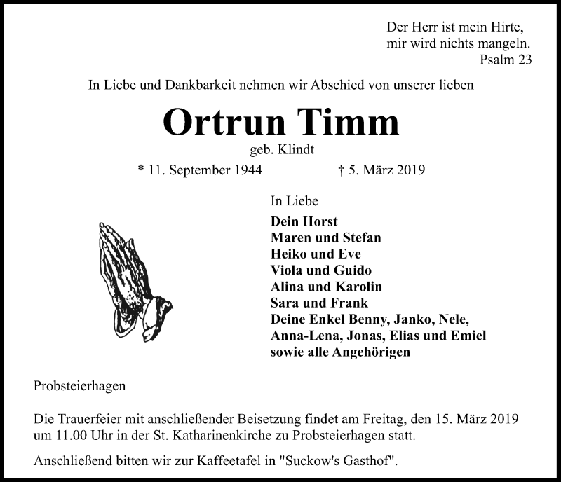  Traueranzeige für Ortrun Timm vom 09.03.2019 aus Kieler Nachrichten
