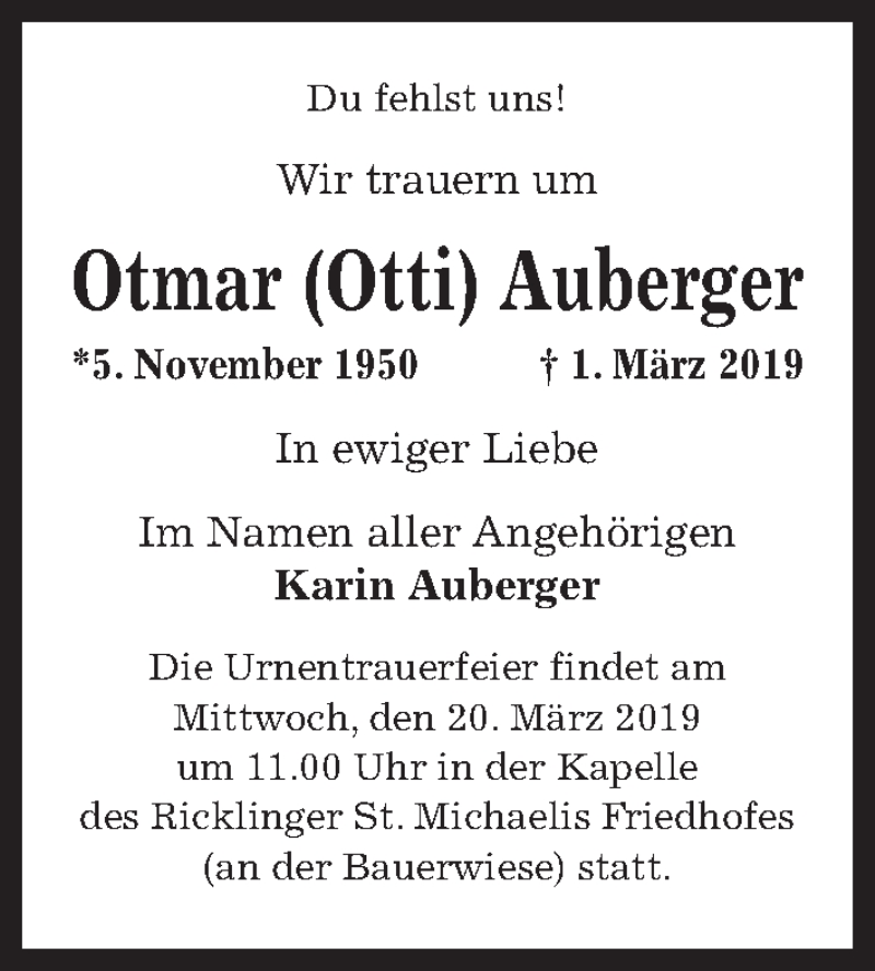  Traueranzeige für Otmar Auberger vom 16.03.2019 aus Hannoversche Allgemeine Zeitung/Neue Presse