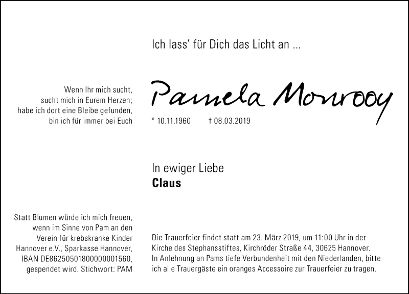  Traueranzeige für Pamela Monrooy vom 16.03.2019 aus Hannoversche Allgemeine Zeitung/Neue Presse