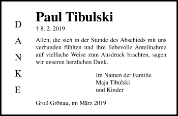 Traueranzeige von Paul Tibulski von Lübecker Nachrichten