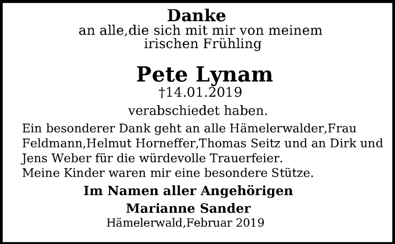  Traueranzeige für Pete Lynam vom 23.02.2019 aus Peiner Allgemeine Zeitung