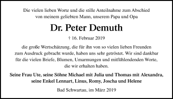 Traueranzeige von Peter Demuth von Lübecker Nachrichten