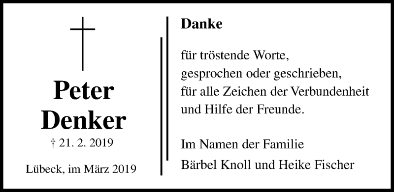  Traueranzeige für Peter Denker vom 17.03.2019 aus Lübecker Nachrichten