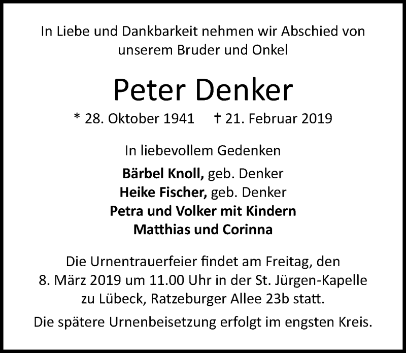  Traueranzeige für Peter Denker vom 03.03.2019 aus Lübecker Nachrichten