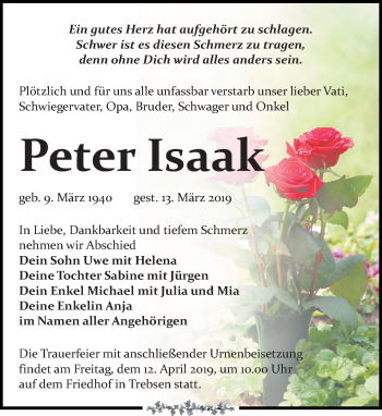 Traueranzeige von Peter Isaak von Leipziger Volkszeitung