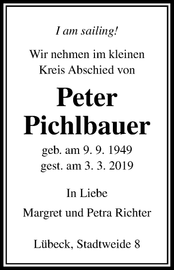 Traueranzeige von Peter Pichlbauer von Lübecker Nachrichten