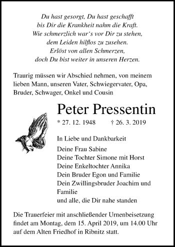 Traueranzeige von Peter Pressentin von Ostsee-Zeitung GmbH