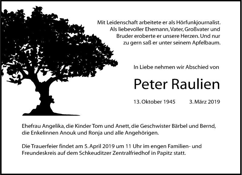  Traueranzeige für Peter Raulien vom 30.03.2019 aus Leipziger Volkszeitung