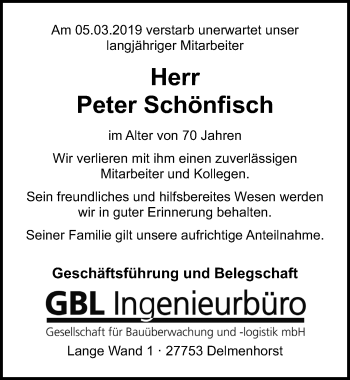 Traueranzeige von Peter Schönfisch von Ostsee-Zeitung GmbH