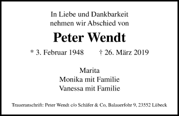 Traueranzeige von Peter Wendt von Lübecker Nachrichten