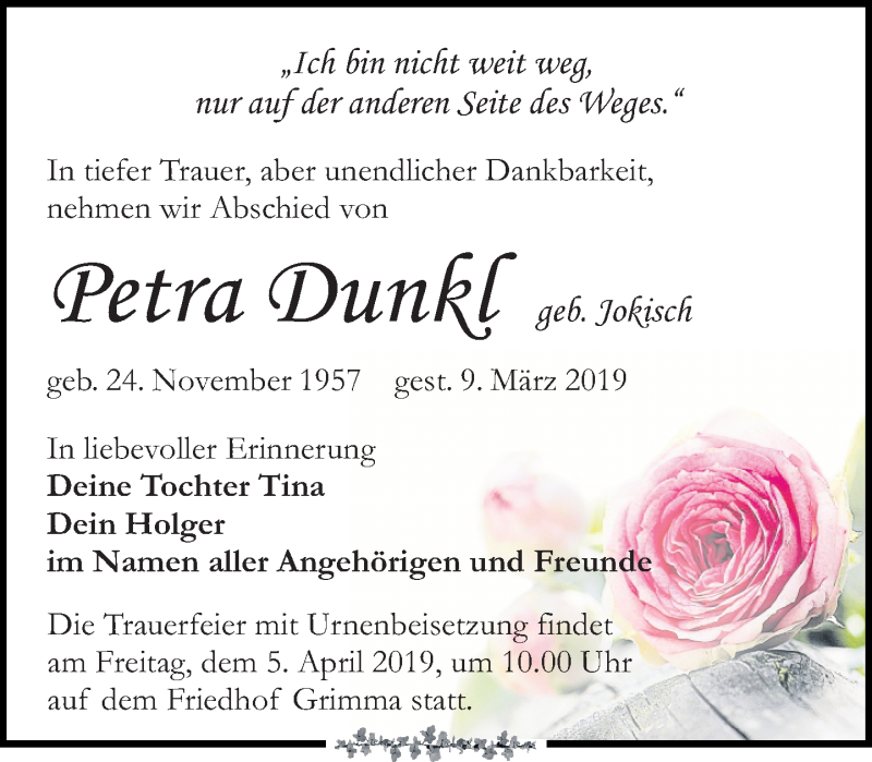  Traueranzeige für Petra Dunkl vom 23.03.2019 aus Leipziger Volkszeitung