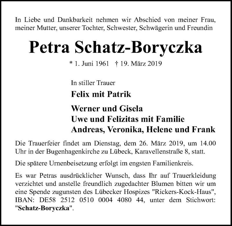  Traueranzeige für Petra Schatz-Boryczka vom 24.03.2019 aus Lübecker Nachrichten