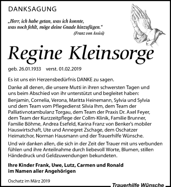 Traueranzeige von Regine Kleinsorge von Leipziger Volkszeitung