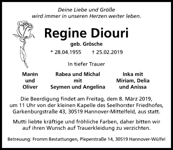 Traueranzeige von Regine Diouri  von Hannoversche Allgemeine Zeitung/Neue Presse