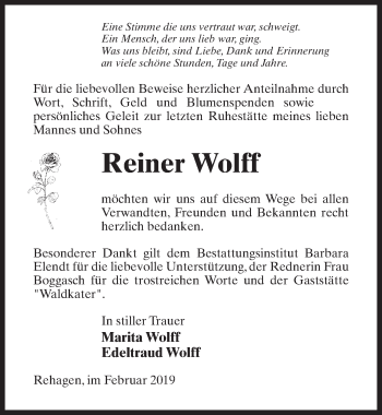 Traueranzeige von Reiner Wolff von Märkischen Allgemeine Zeitung