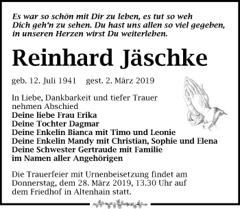 Traueranzeige von Reinhard Jäschke von Leipziger Volkszeitung