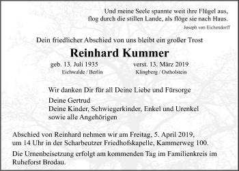 Traueranzeige von Reinhard Kummer von Lübecker Nachrichten