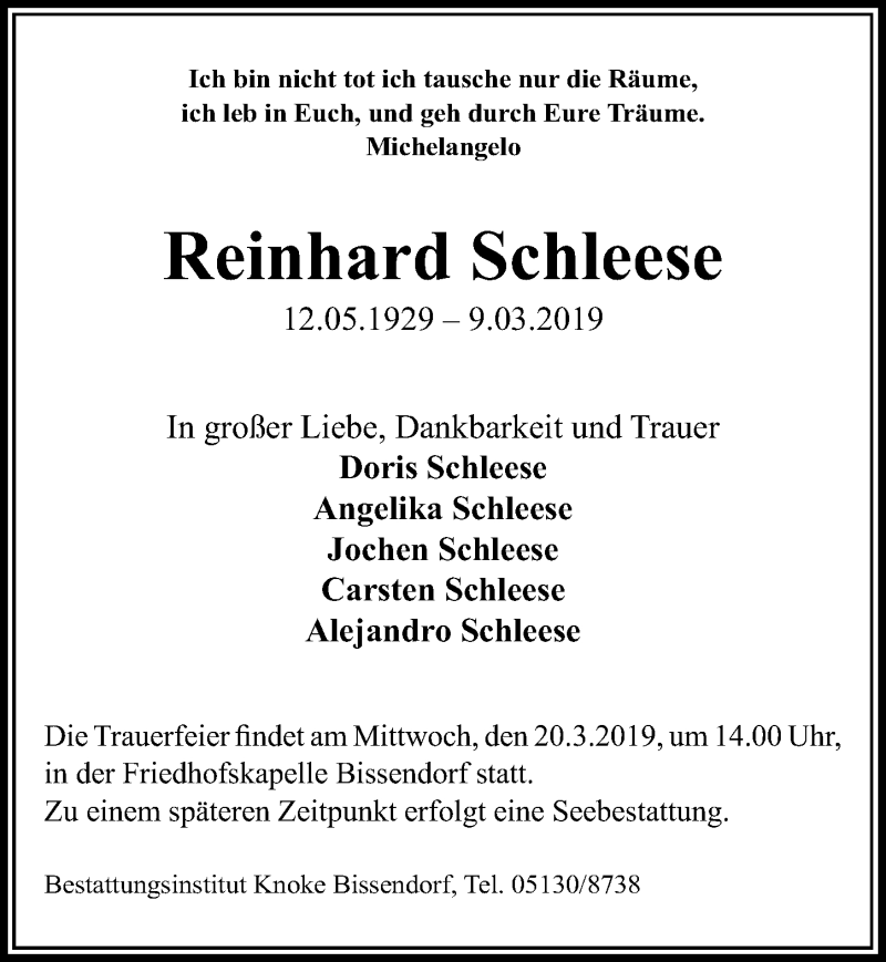  Traueranzeige für Reinhard Schleese vom 16.03.2019 aus Hannoversche Allgemeine Zeitung/Neue Presse
