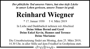 Traueranzeige von Reinhard Wiegner von Leipziger Volkszeitung
