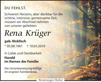 Traueranzeige von Rena Krüger von Leipziger Volkszeitung
