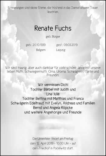 Traueranzeige von Renate Fuchs von Leipziger Volkszeitung