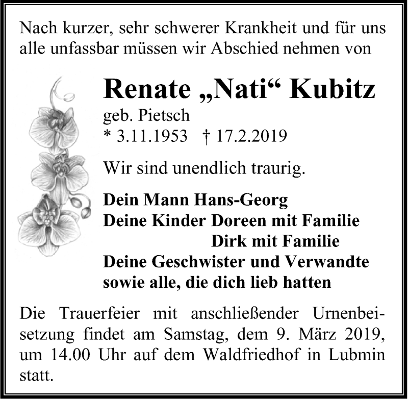  Traueranzeige für Renate Kubitz vom 23.02.2019 aus Ostsee-Zeitung GmbH