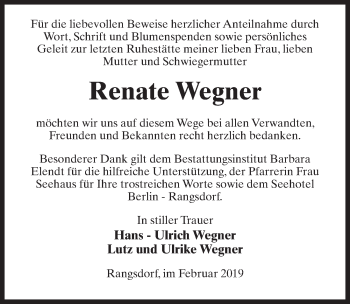 Traueranzeige von Renate Wegner von Märkischen Allgemeine Zeitung