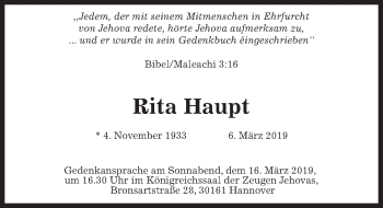 Traueranzeige von Rita Haupt von Hannoversche Allgemeine Zeitung/Neue Presse