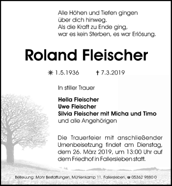 Traueranzeige von Roland Fleischer von Aller Zeitung
