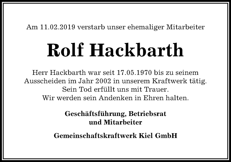  Traueranzeige für Rolf Hackbarth vom 02.03.2019 aus Kieler Nachrichten