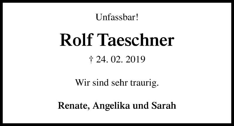  Traueranzeige für Rolf Taeschner vom 06.03.2019 aus Lübecker Nachrichten
