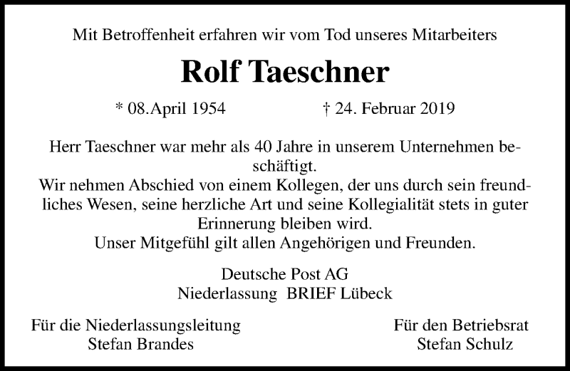  Traueranzeige für Rolf Taeschner vom 03.03.2019 aus Lübecker Nachrichten