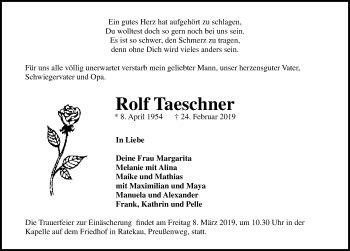 Traueranzeige von Rolf Taeschner von Lübecker Nachrichten