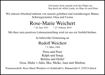 Traueranzeige von Rose-Marie Weichert von Lübecker Nachrichten