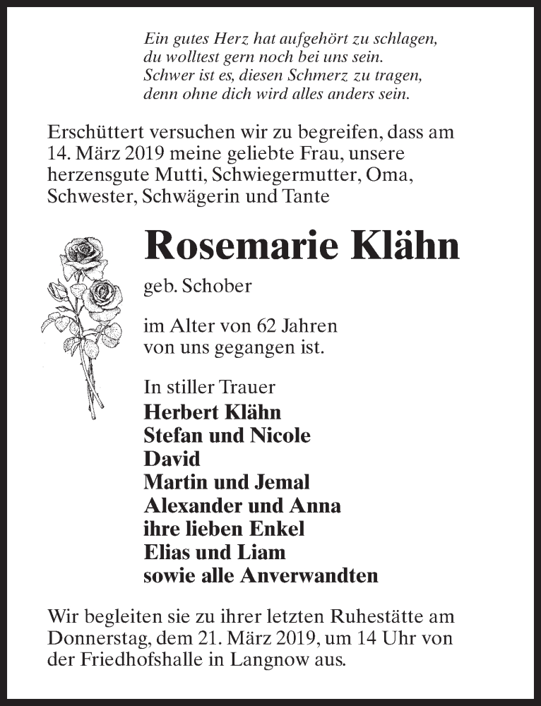  Traueranzeige für Rosemarie Klähn vom 19.03.2019 aus Märkischen Allgemeine Zeitung